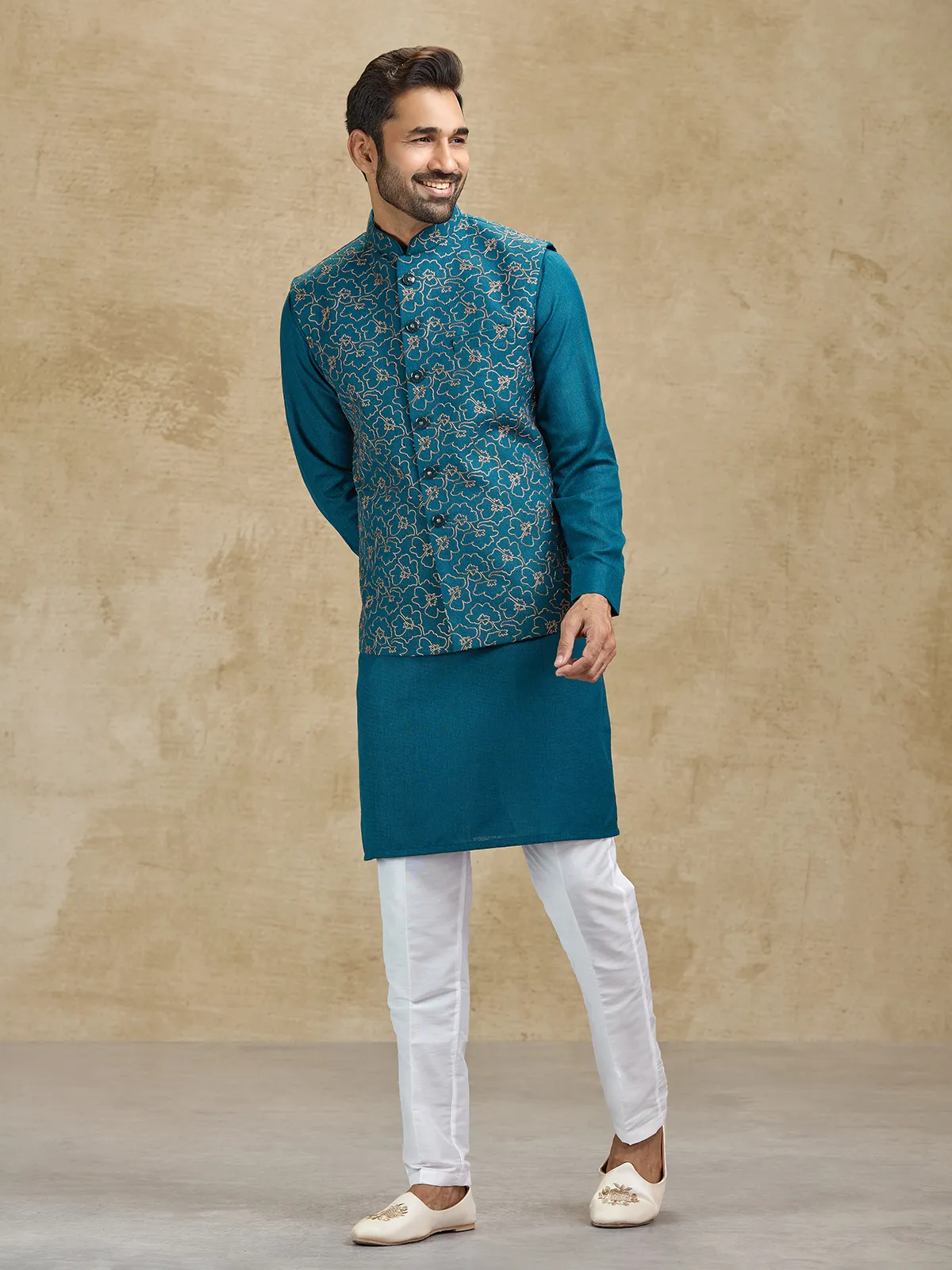 Rama green woven jacquard silk waistcoat set