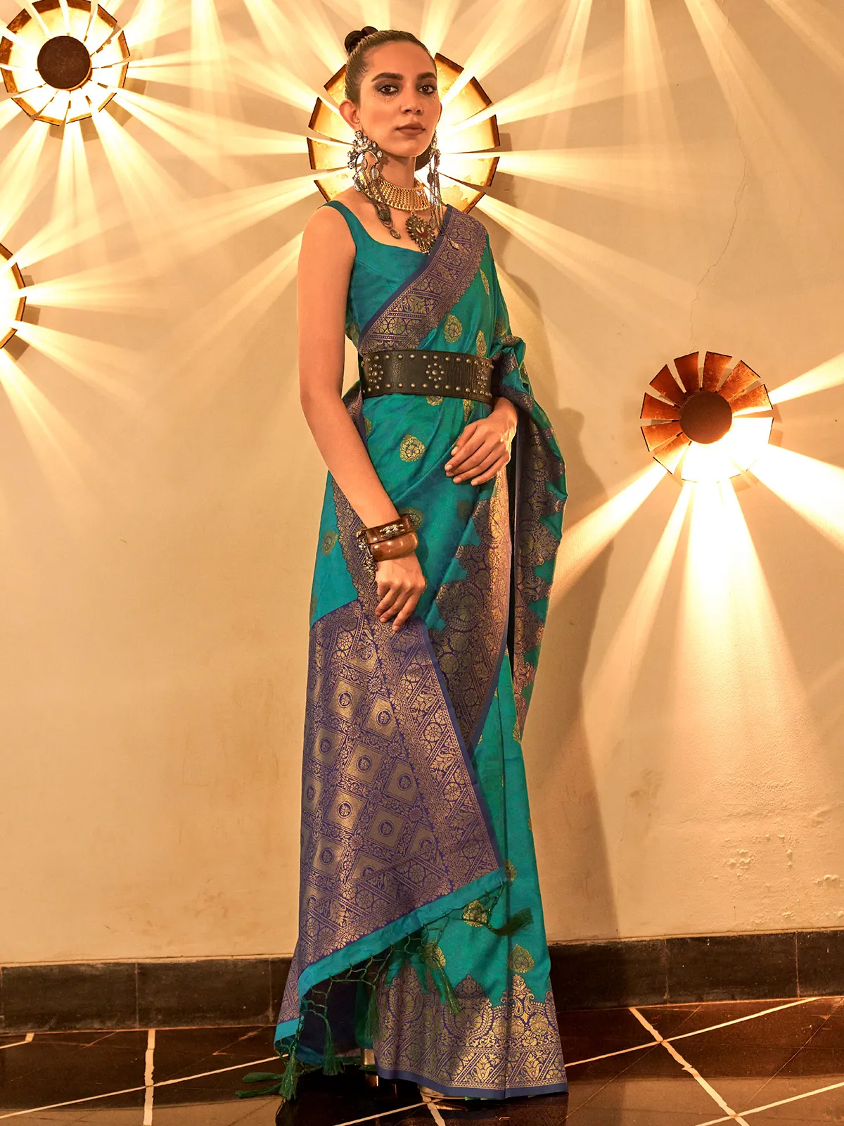 Rama green zari weaving saree in silk