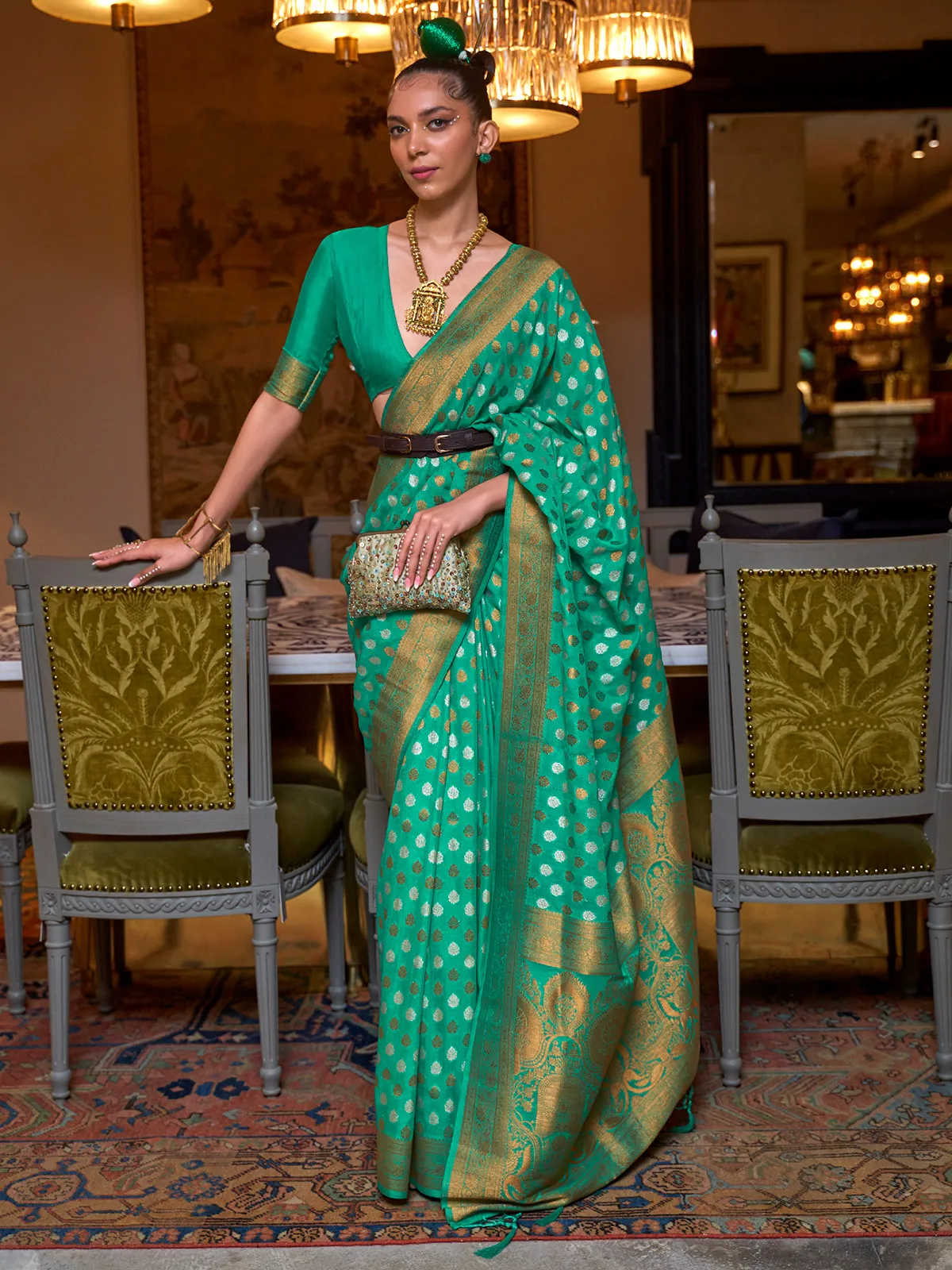 Rama green zari woven silk saree