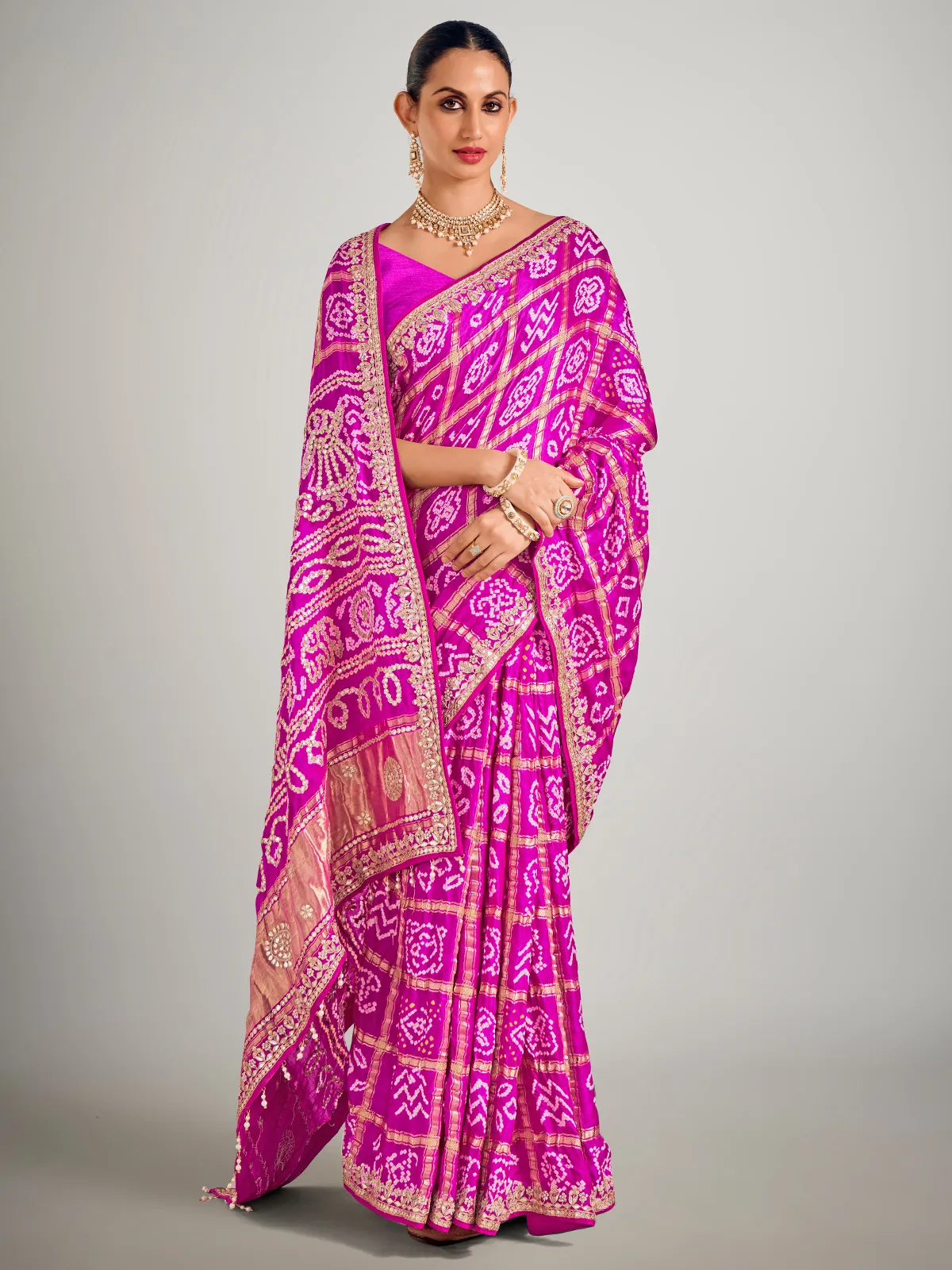 Rani color printed gajji silk zari weaving saree