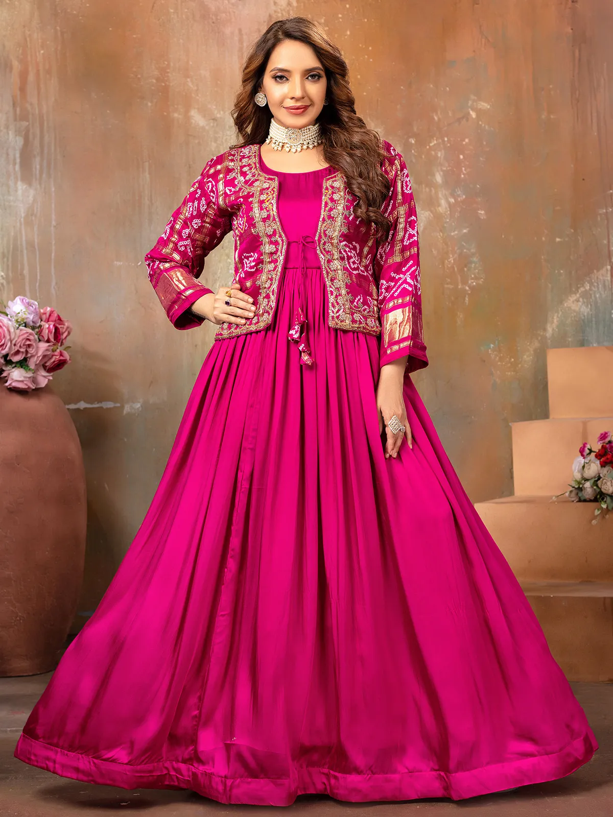 Rani color satin anarkali suit for wedding