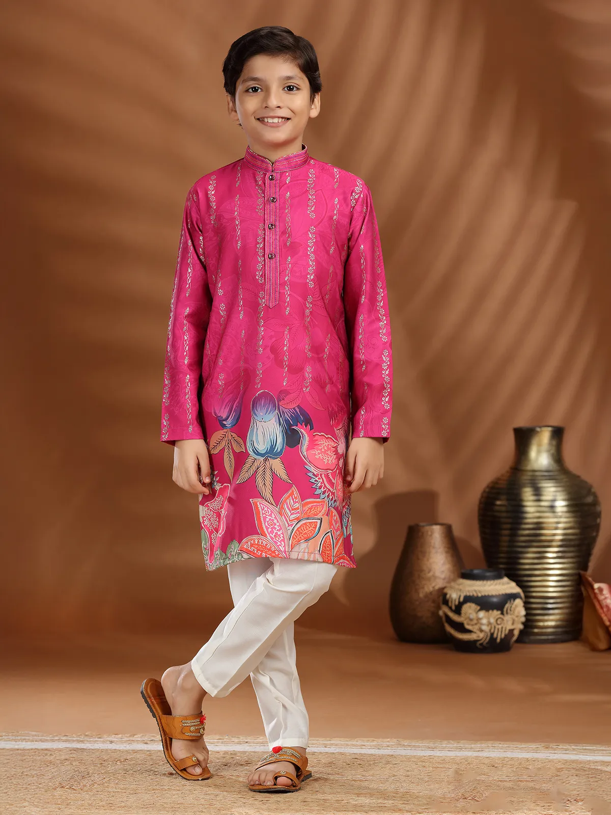 Rani color silk printed kurta pajama