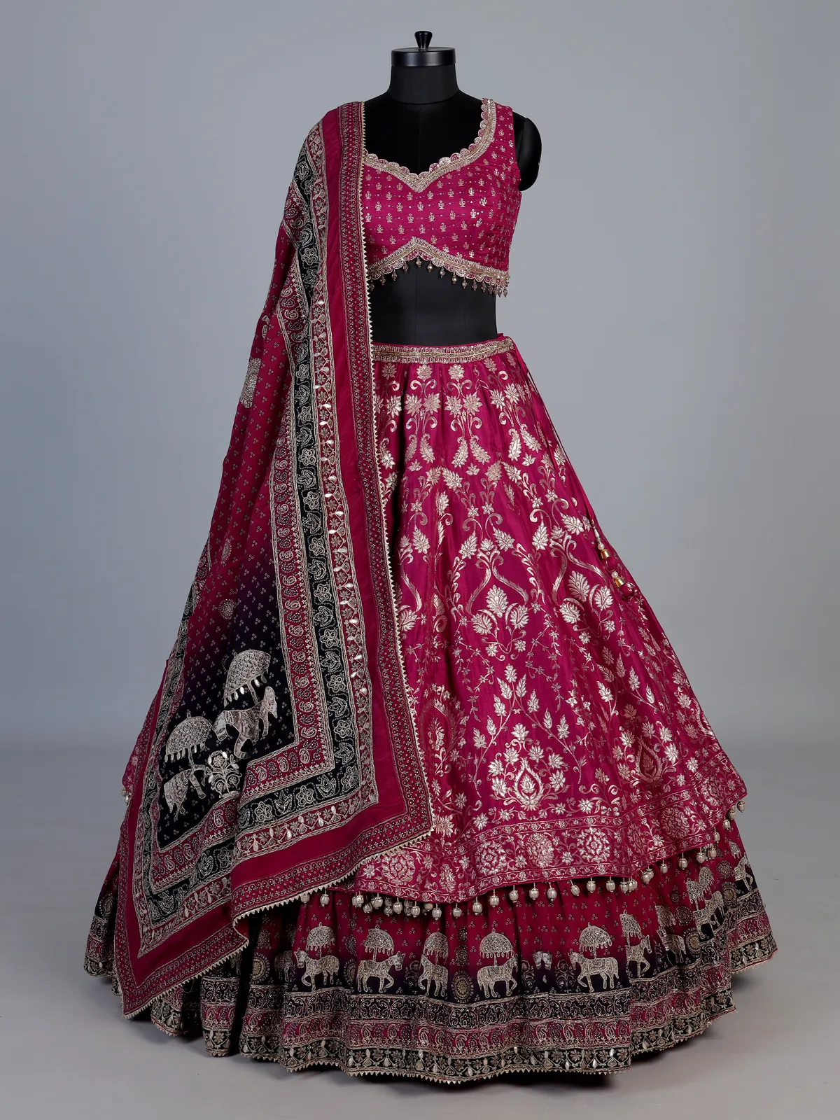 Rani pink banarasi silk printed bridal lehenga choli