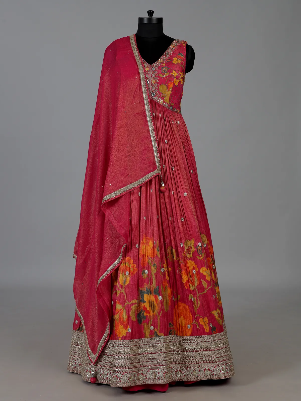 Rani pink floral printed silk anarkali suit with dupatta