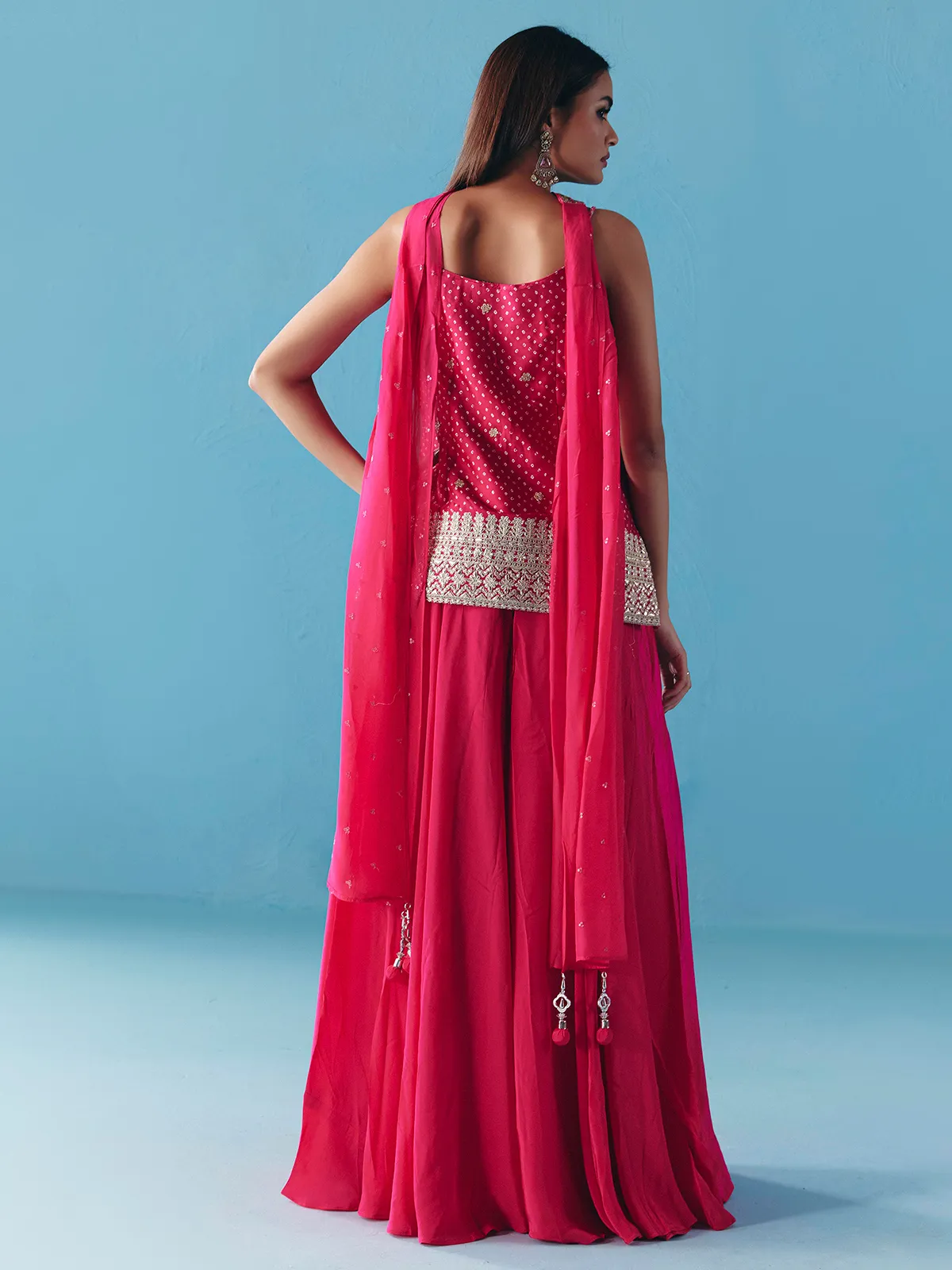 Rani pink satin silk palazzo suit for wedding wear