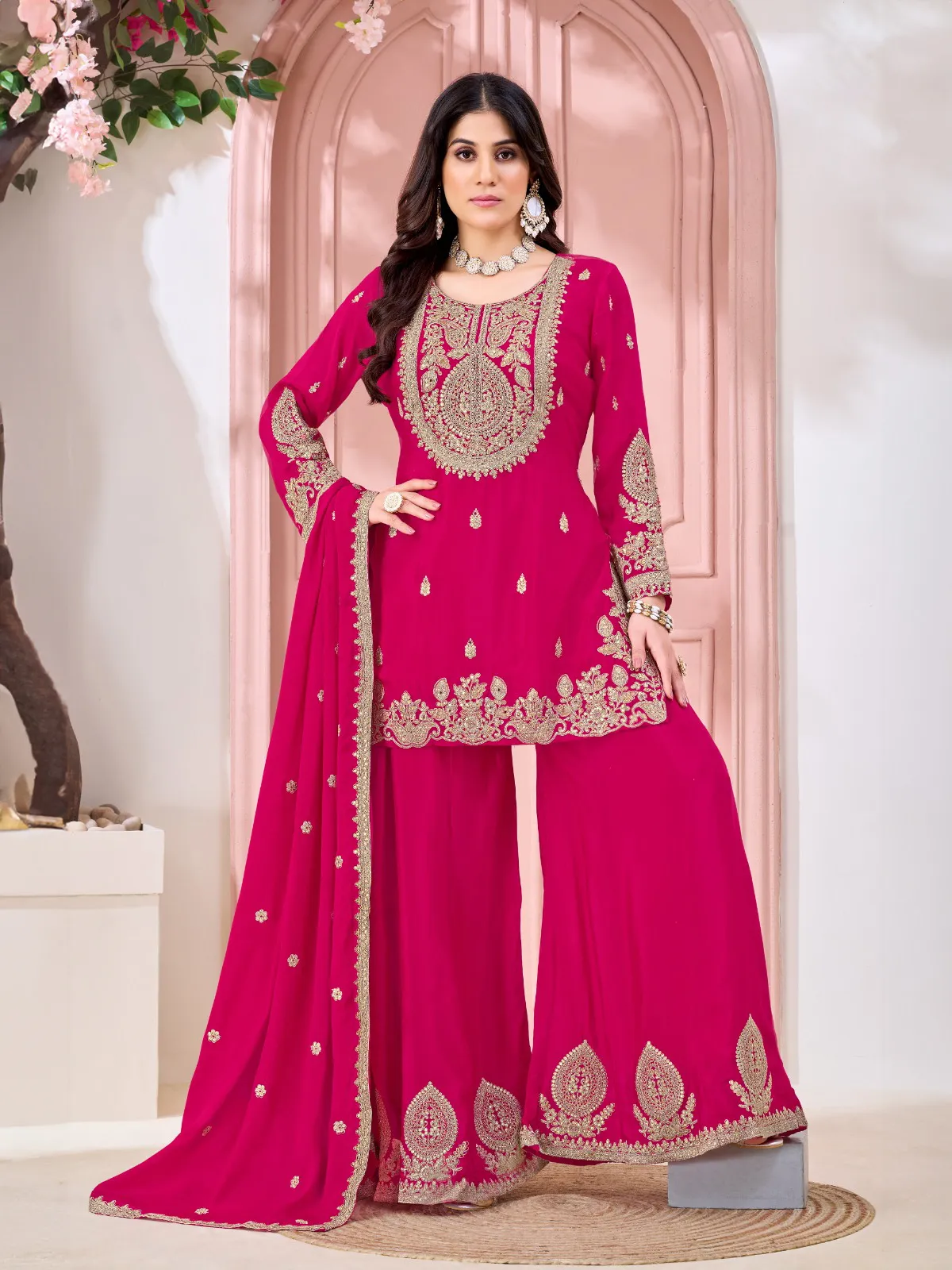 Rani pink silk pakistani style palazzo suit-G3-WSS45375 | United...