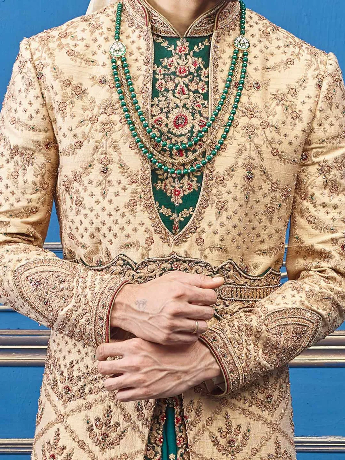 Raw silk beige green jacket style designer sherwani