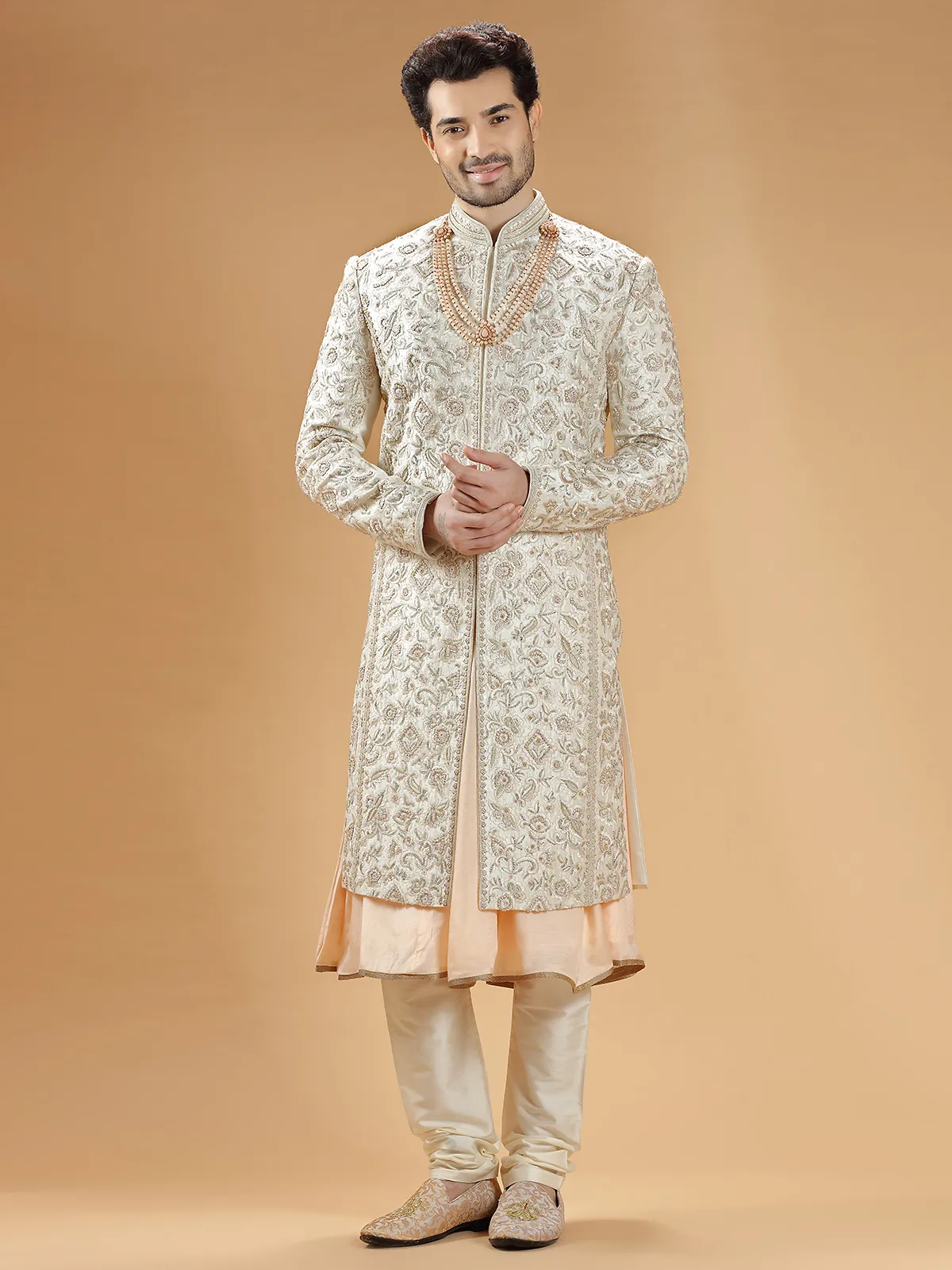 Raw silk cream groom sherwani