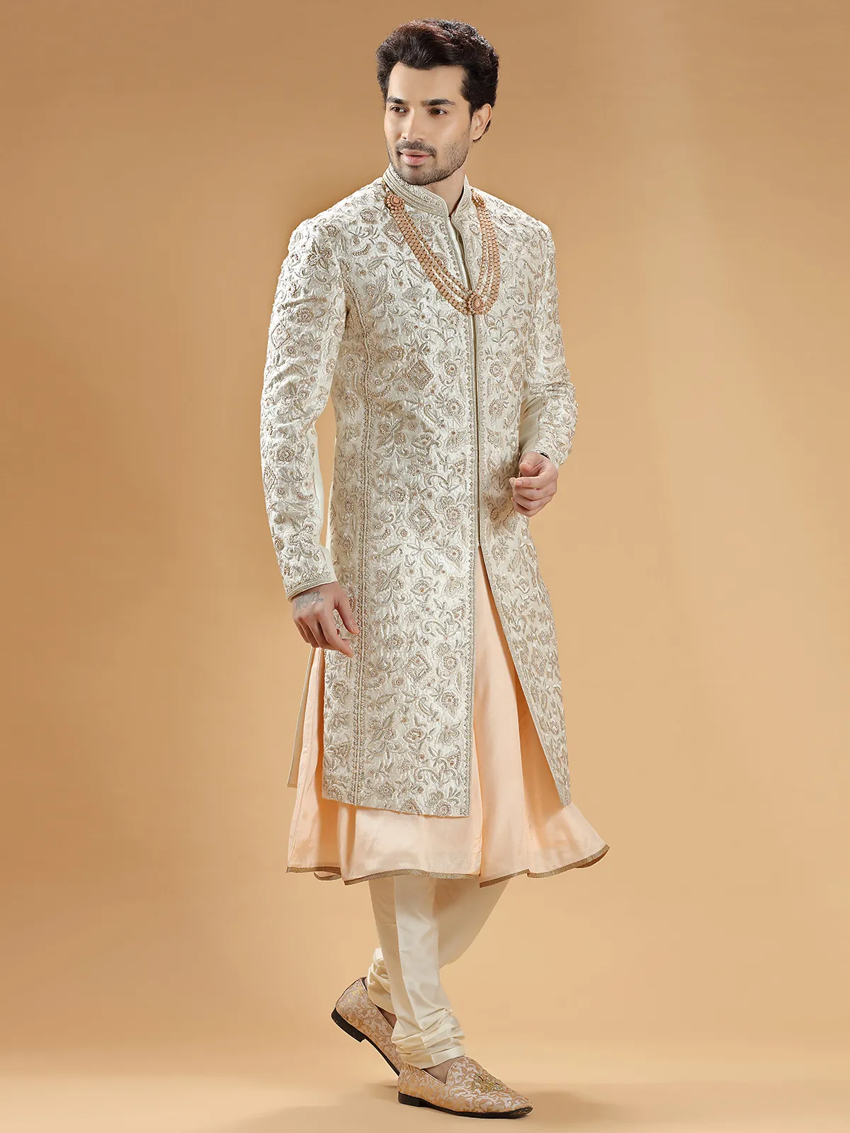 Raw silk cream groom sherwani