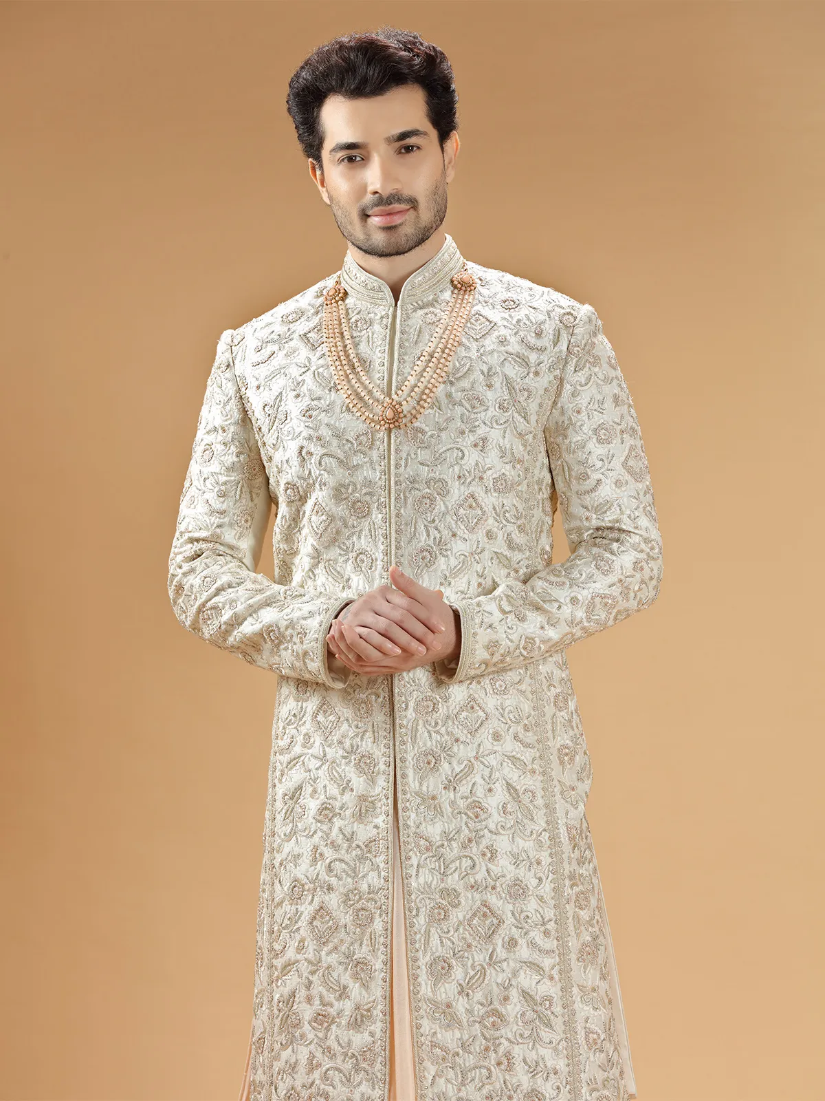 Raw silk cream groom sherwani