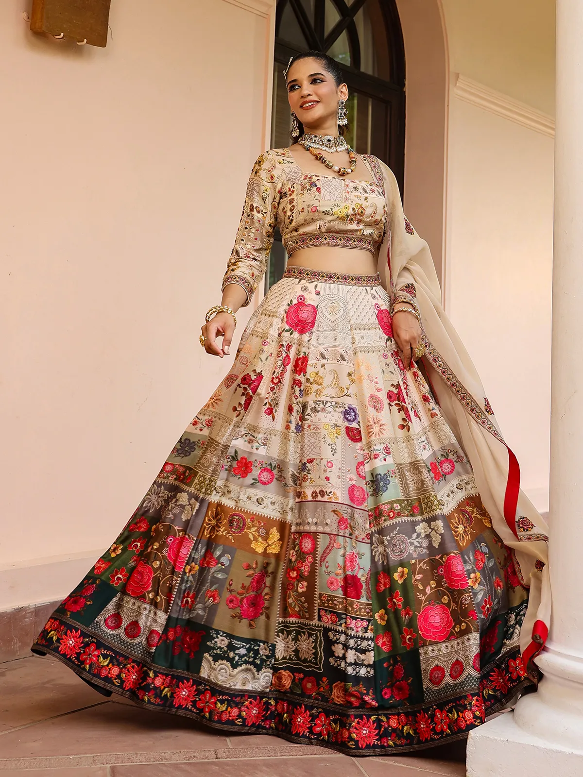 Raw silk cream lehenga choli for wedding