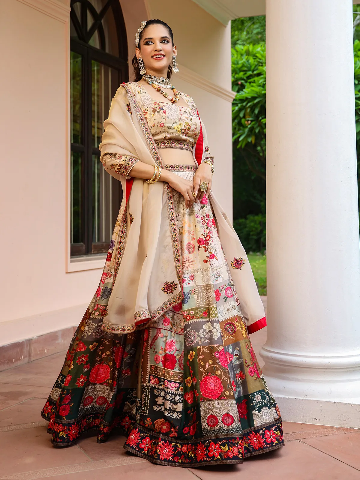 Raw silk cream lehenga choli for wedding