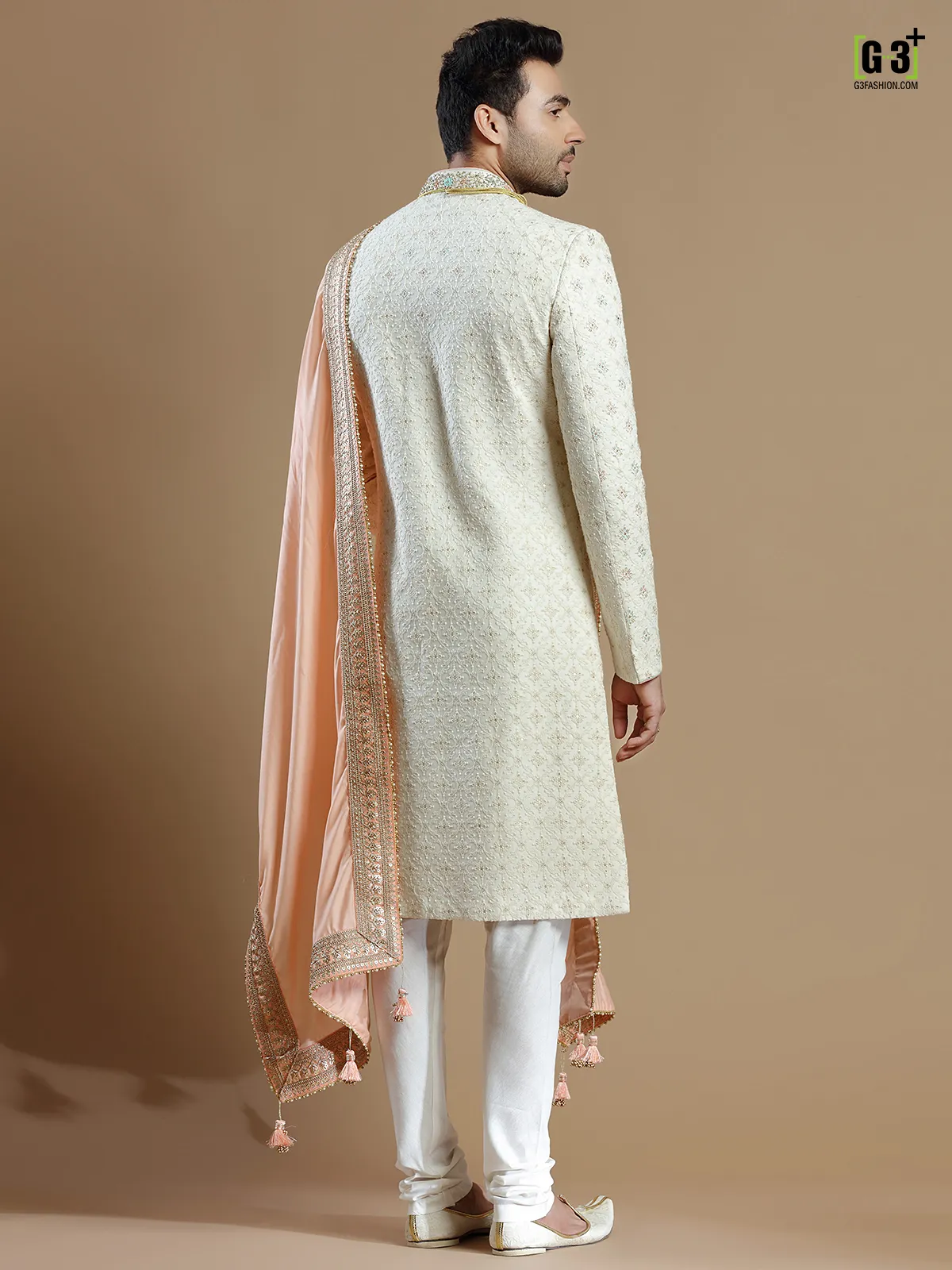 Raw silk fabric cream rich sherwani for groom