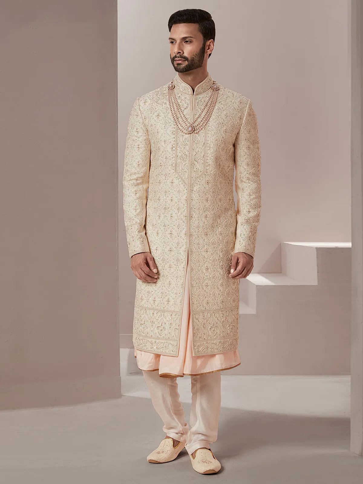 Raw silk fabric peach hue sherwani for groom