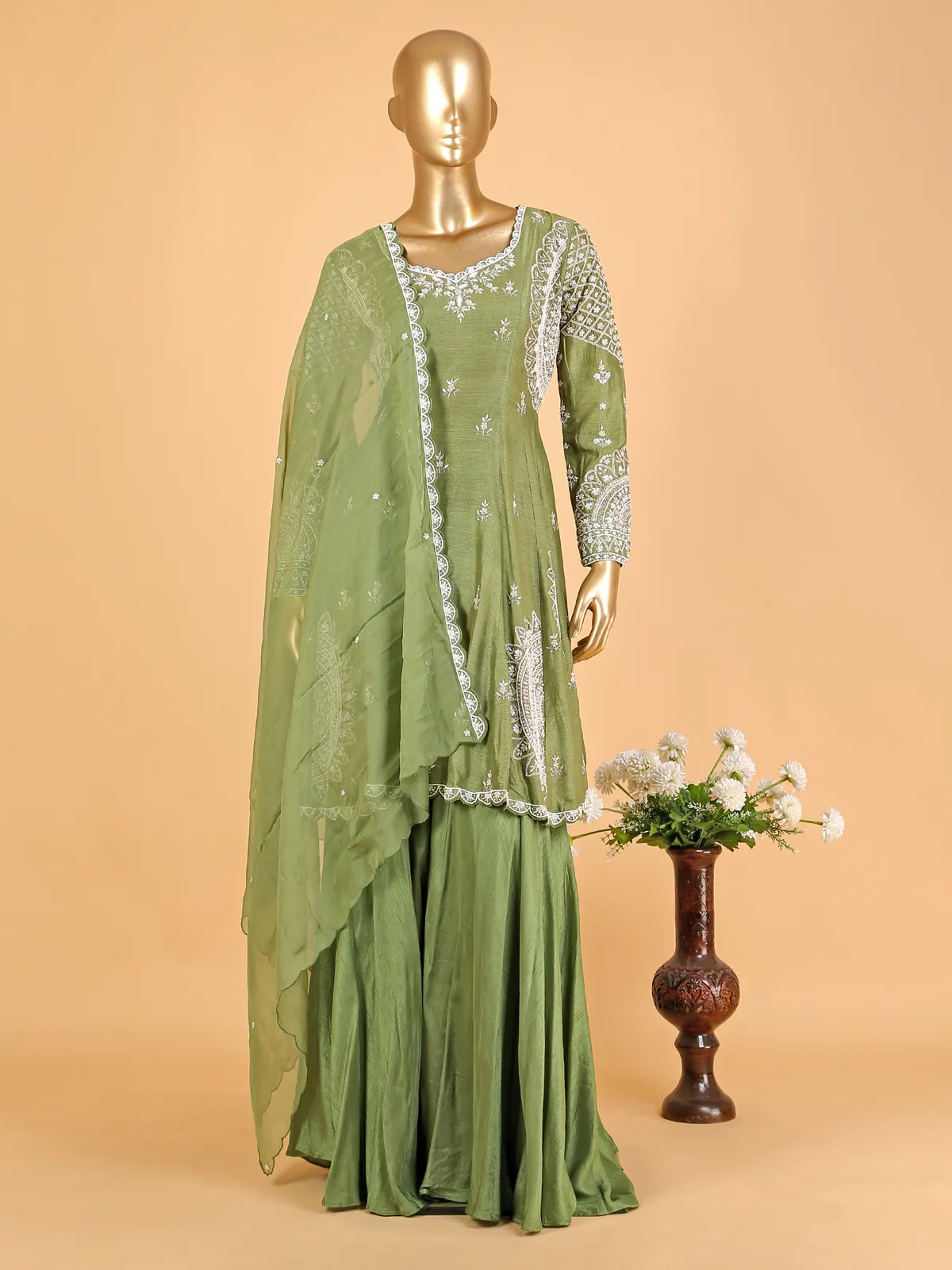 Raw silk green designer palazzo suit