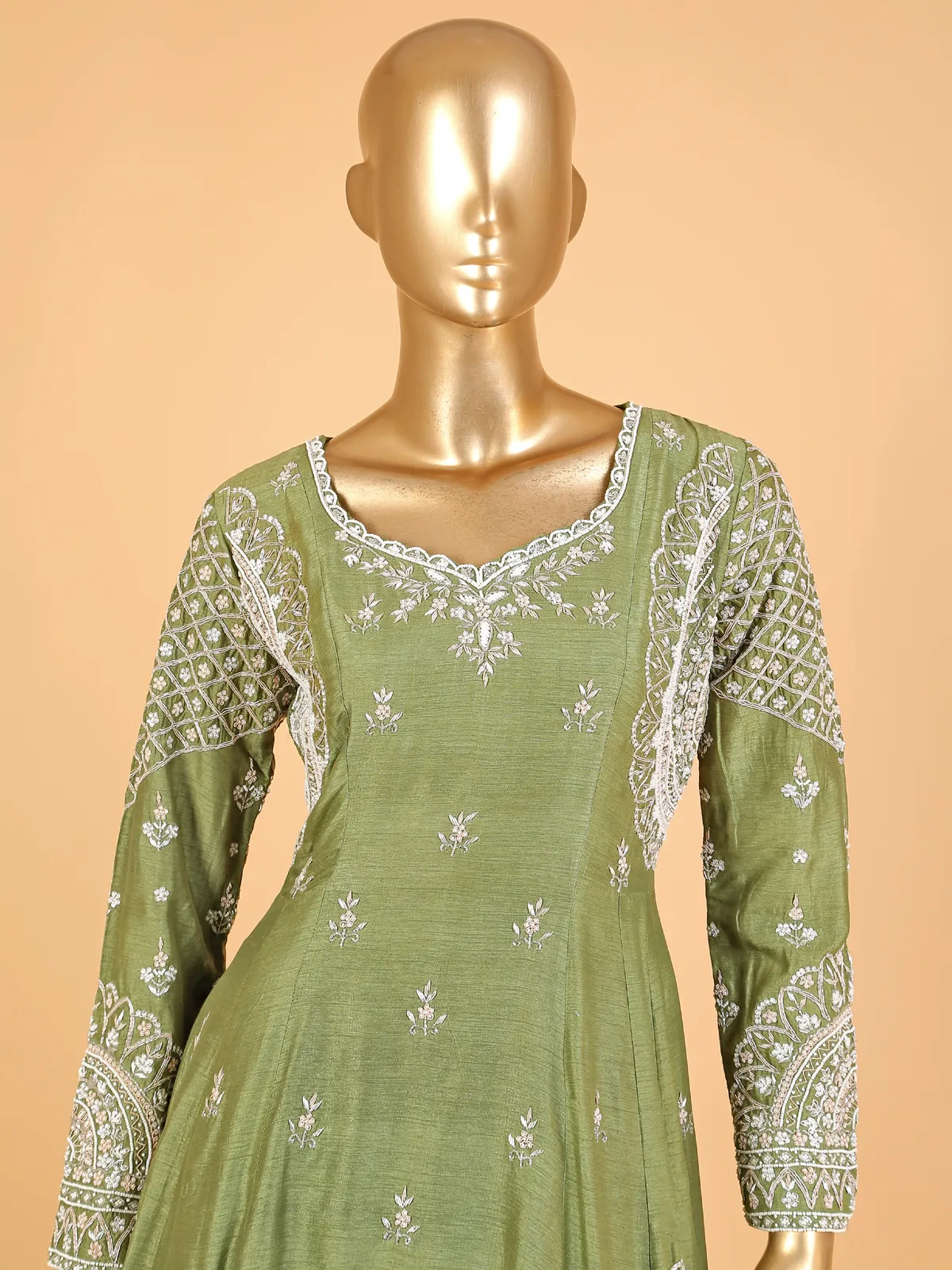 Raw silk green designer palazzo suit