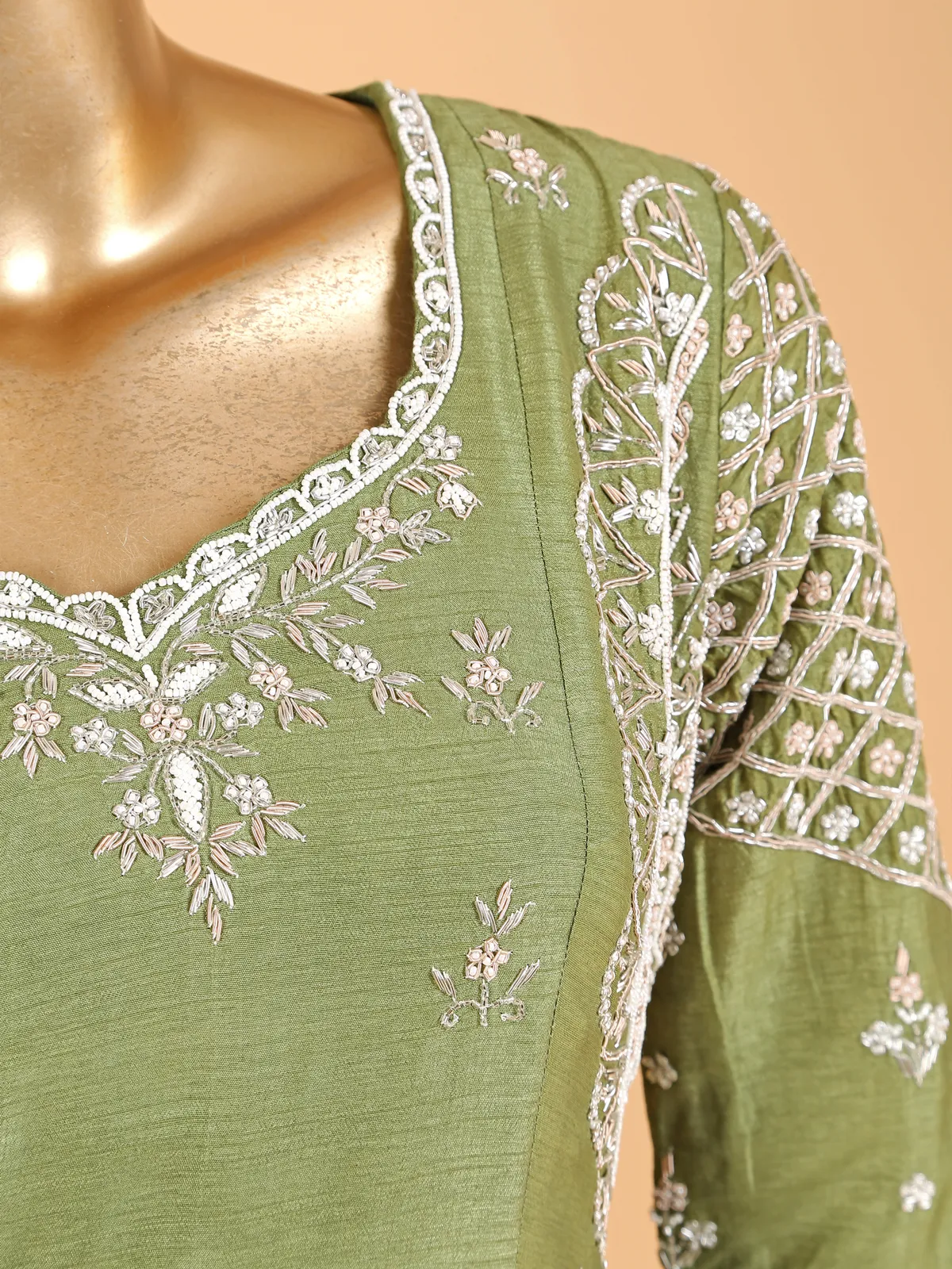 Raw silk green designer palazzo suit