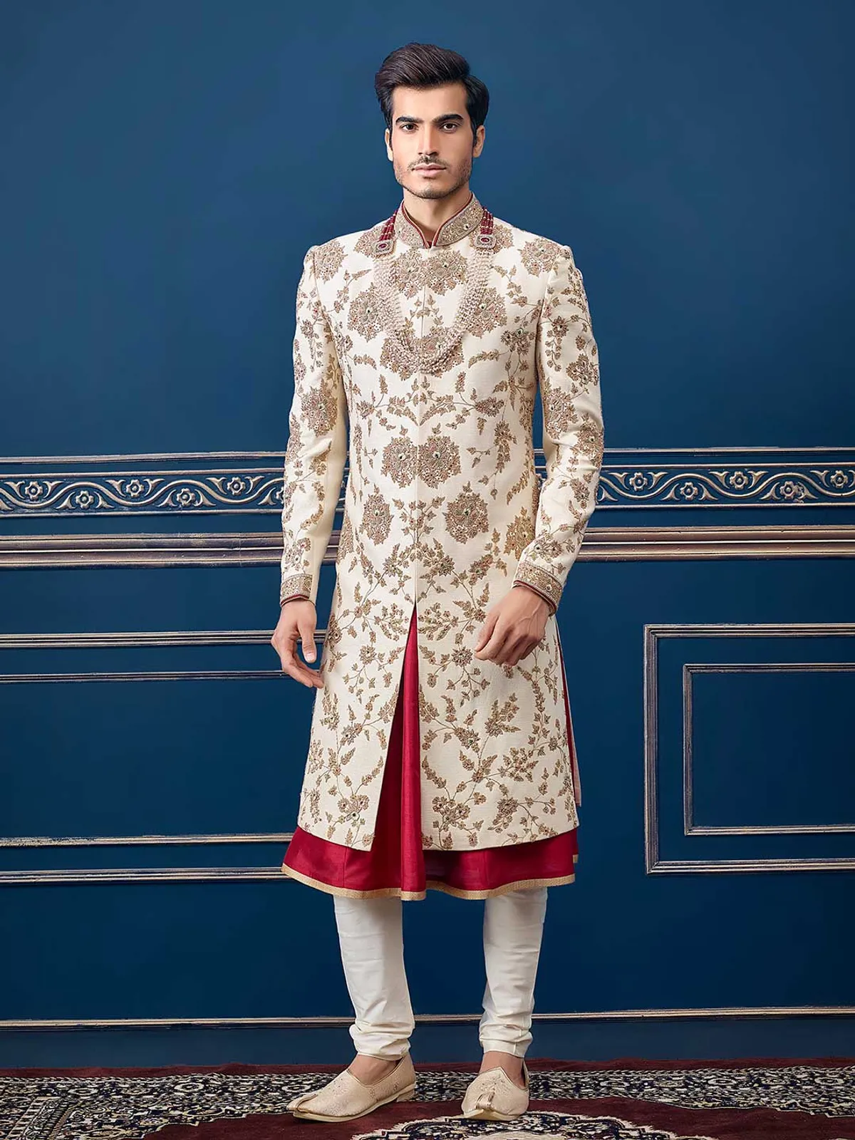 Raw silk groom wear cream sherwani