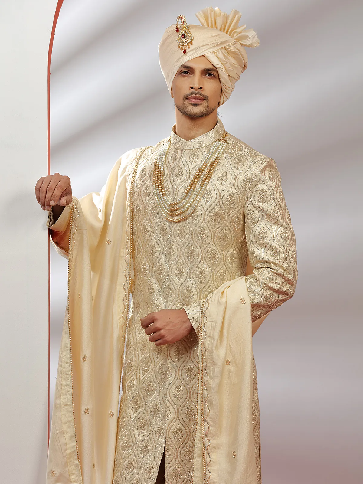 Raw silk groom wear sherwani in cream color