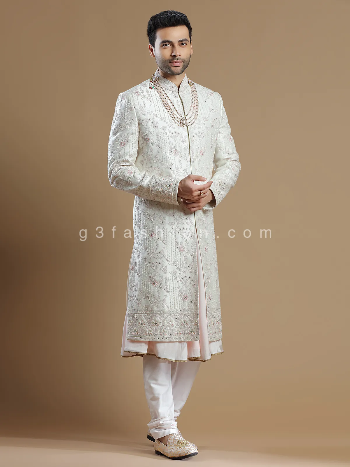 Raw silk groom wear sherwani in off white color