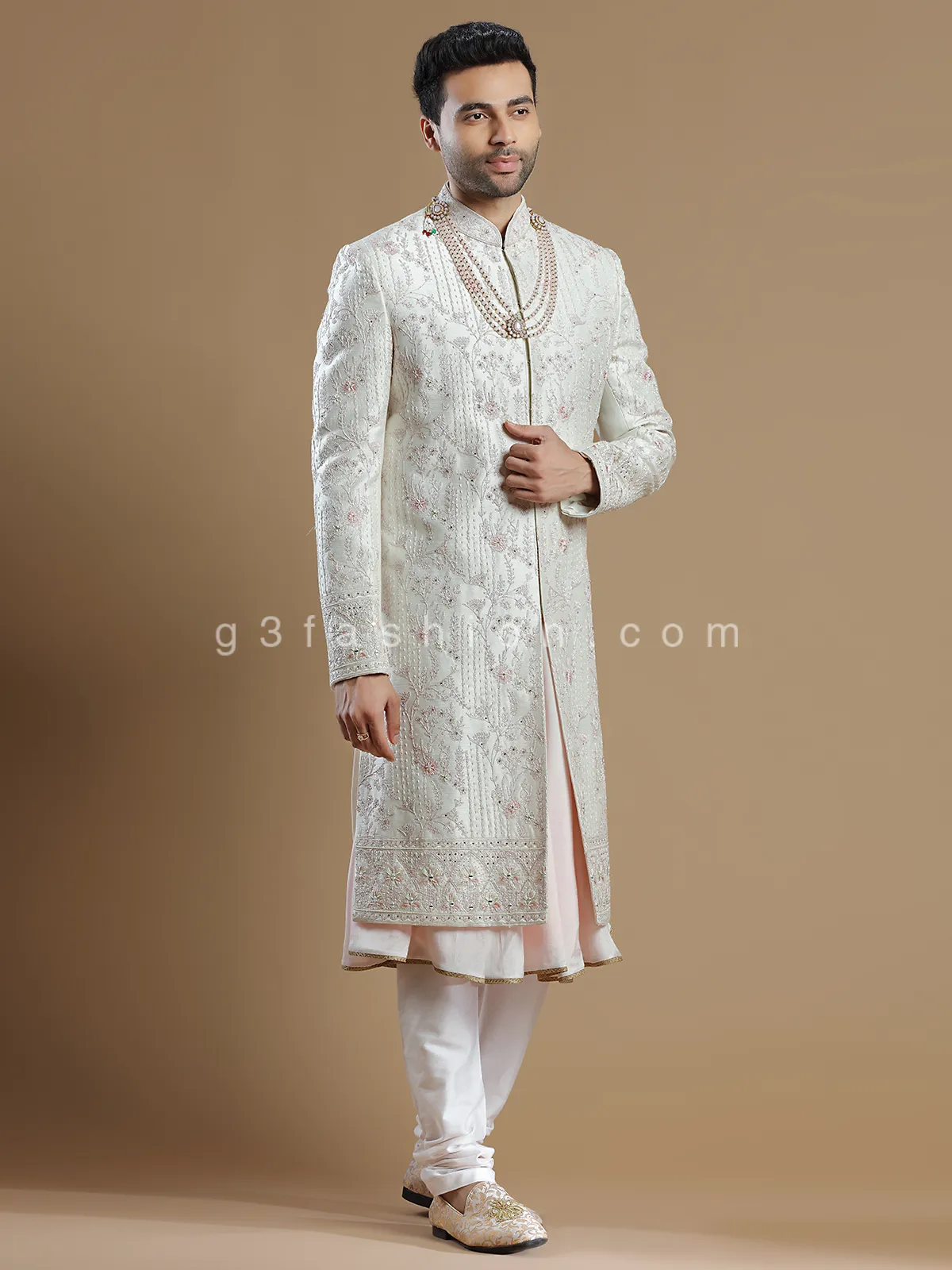 Raw silk groom wear sherwani in off white color