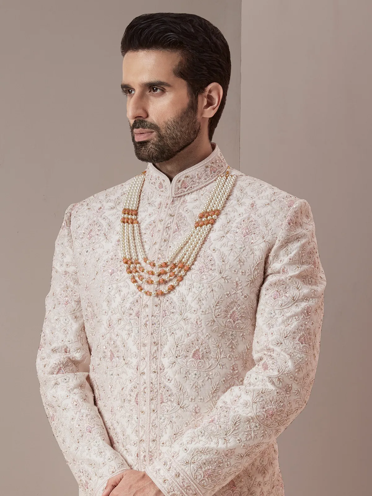 Raw silk light pink groom and wedding look sherwani