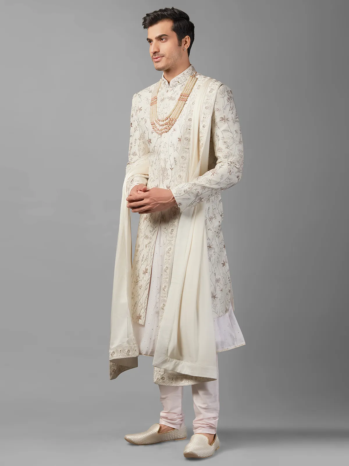 Raw silk off-white embroidery sherwani