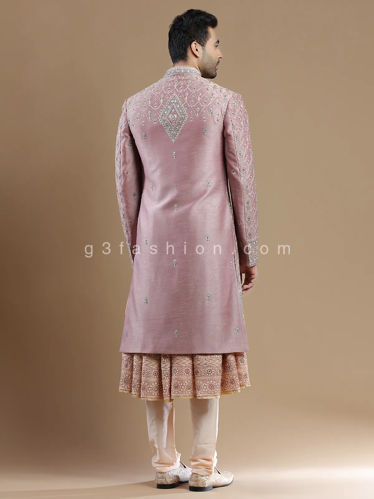 Raw silk pink color groom and wedding sherwani