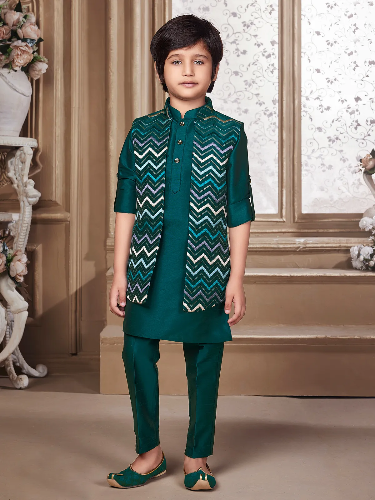 Raw silk rama green waistcoat set