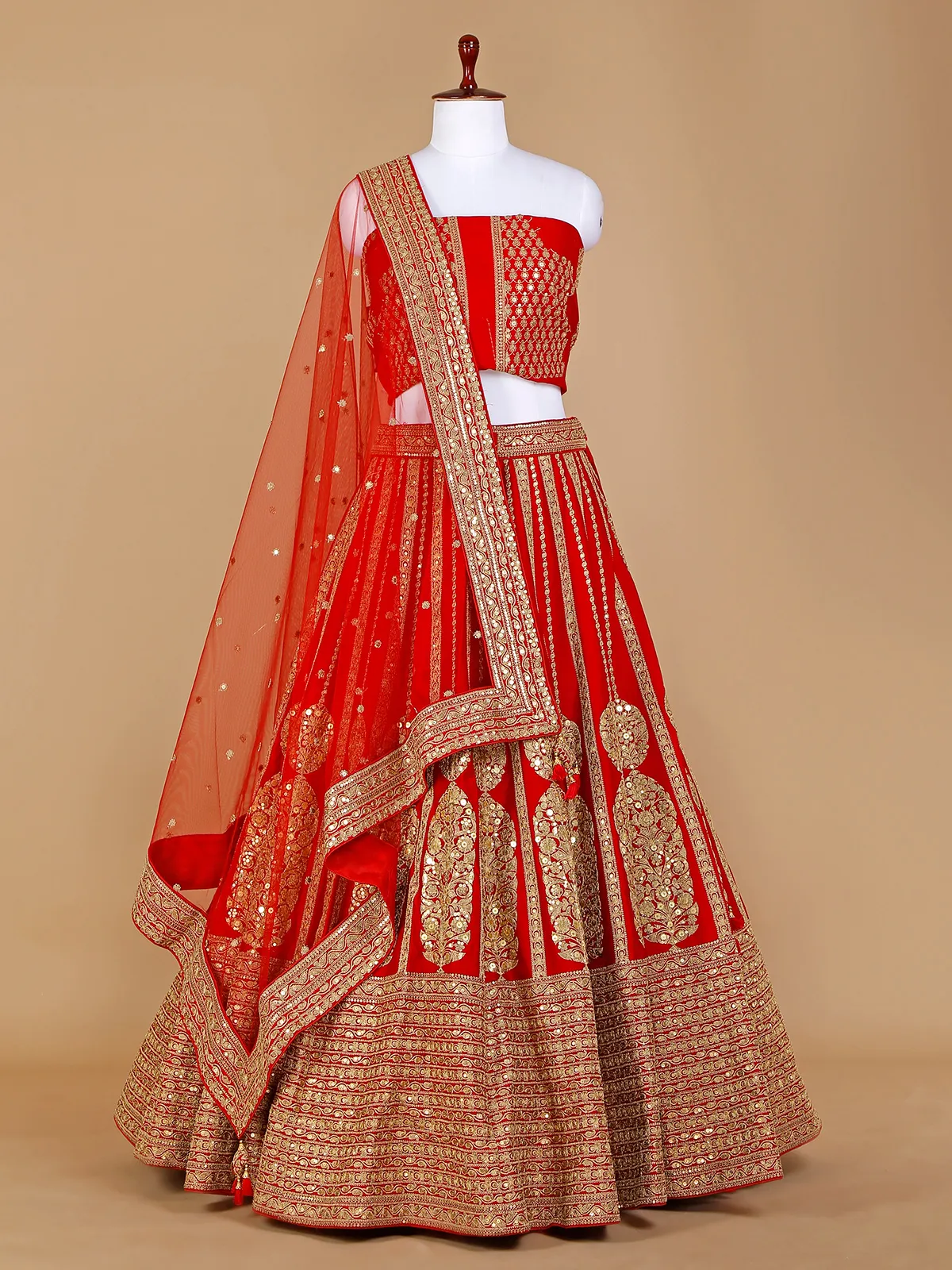 Raw silk unstitched lehenga choli in red