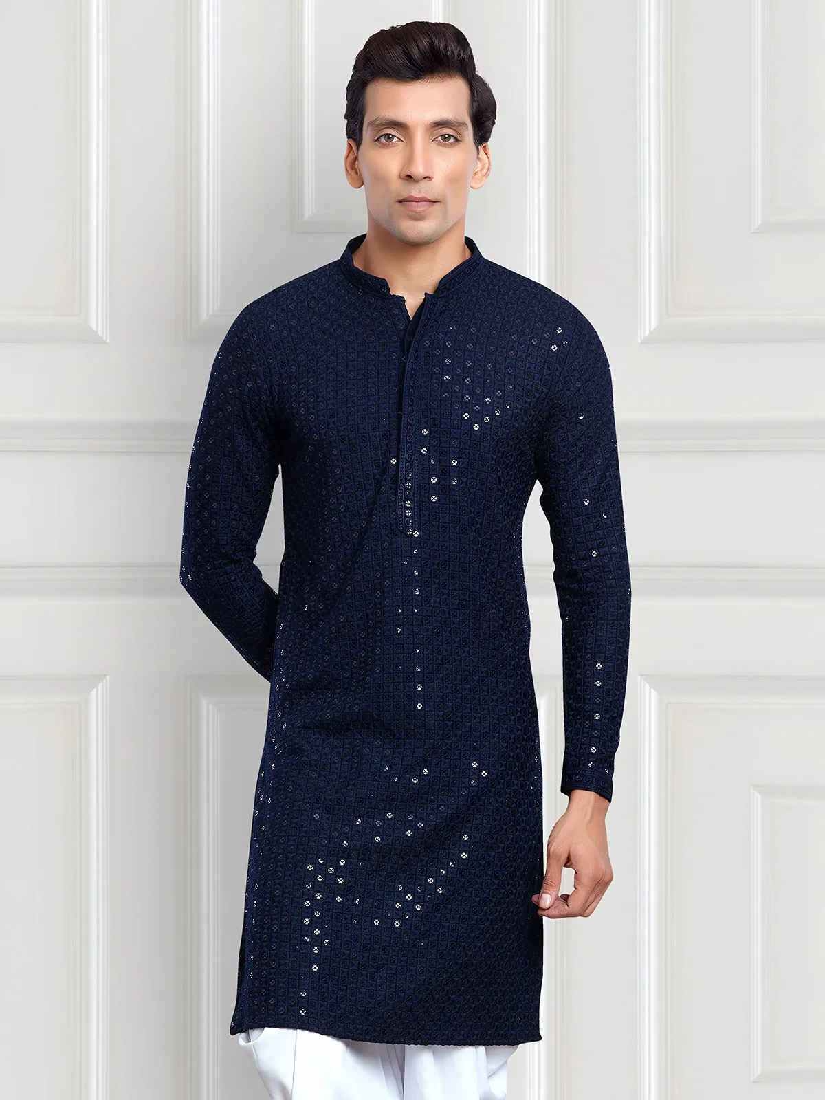 rayon cotton navy embroidery kurta suit