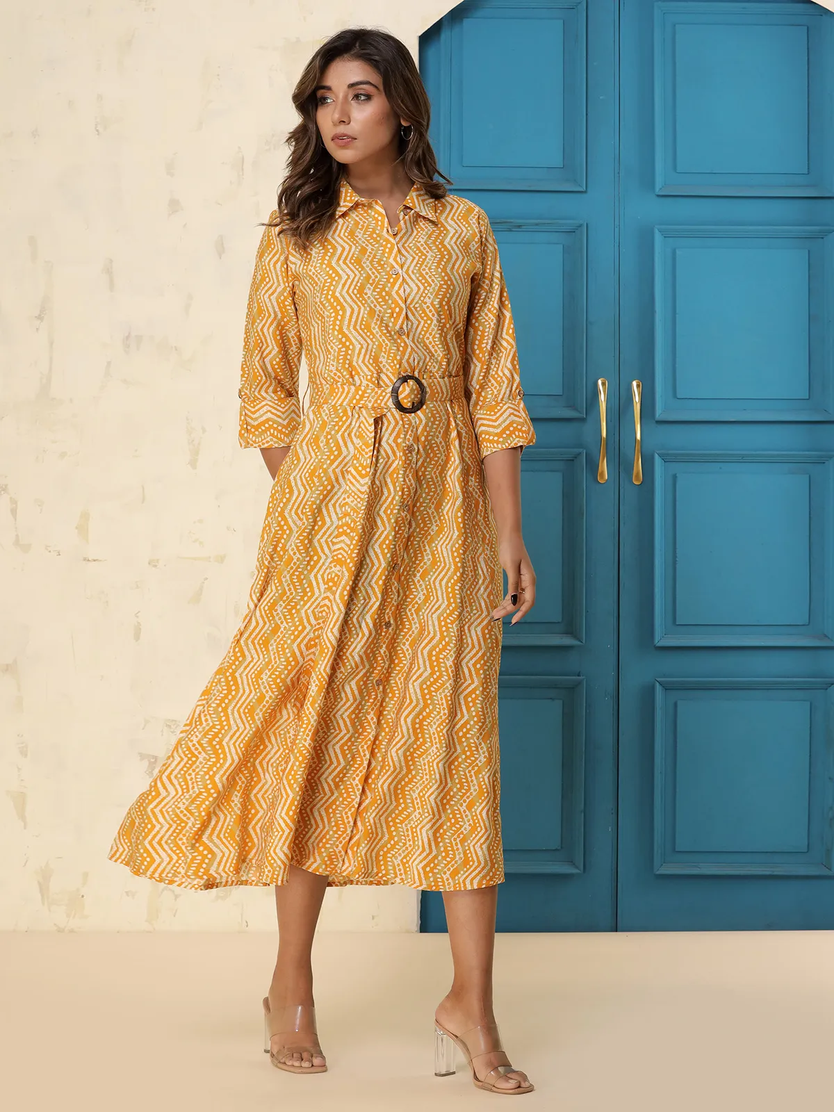 Rayon cotton printed kurti in yellow