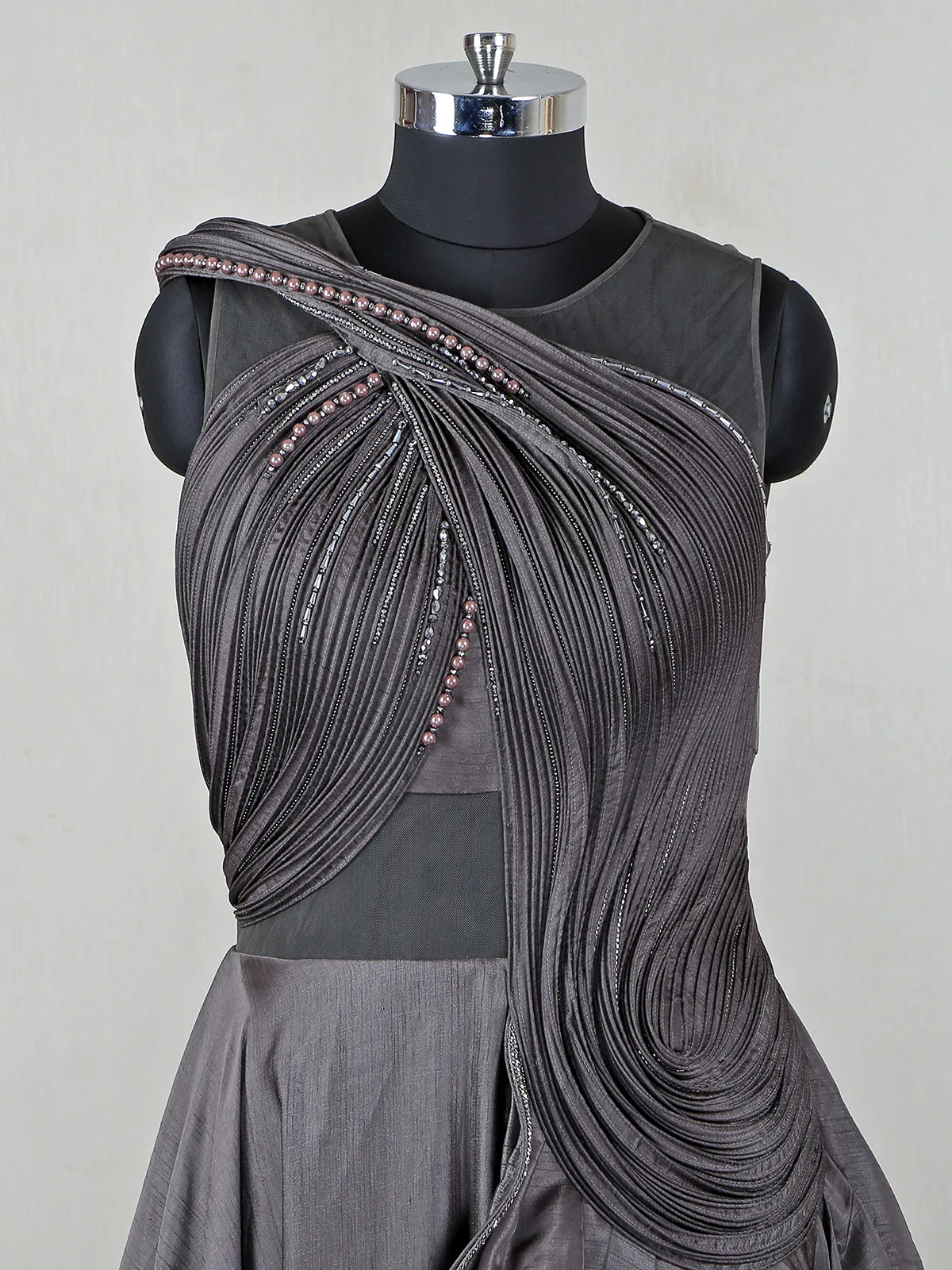 Reception and party wear raw silk gown in grey