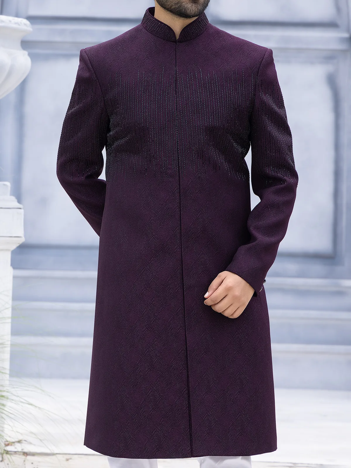 Reception style wine Indowestern for men