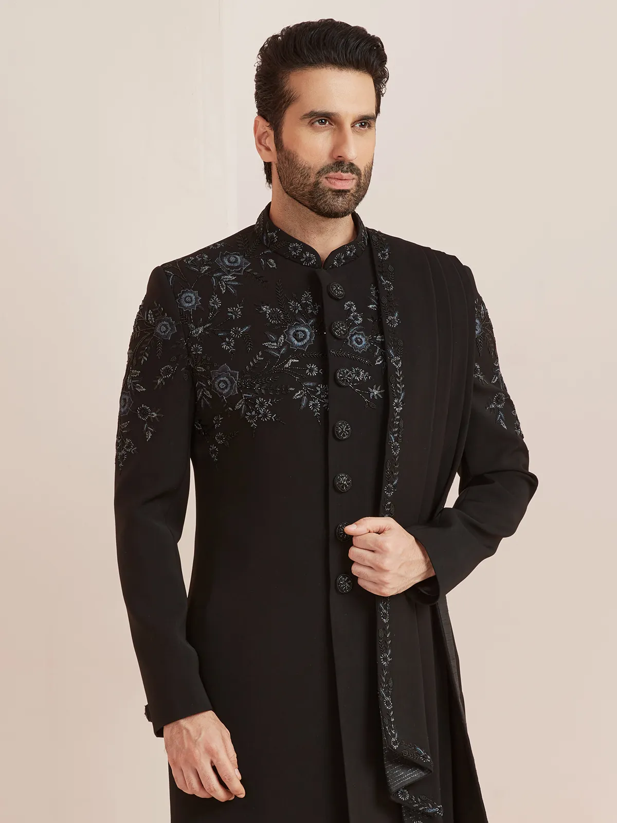 Reception wear black terry rayon indowestern