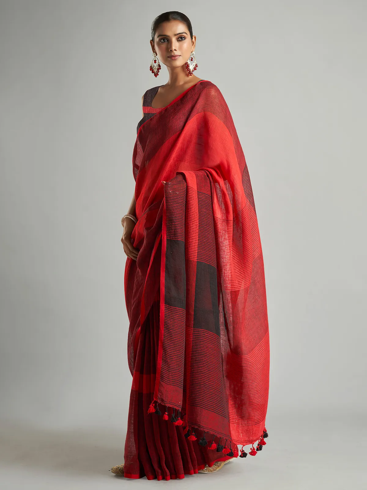 Red and black stripe saree