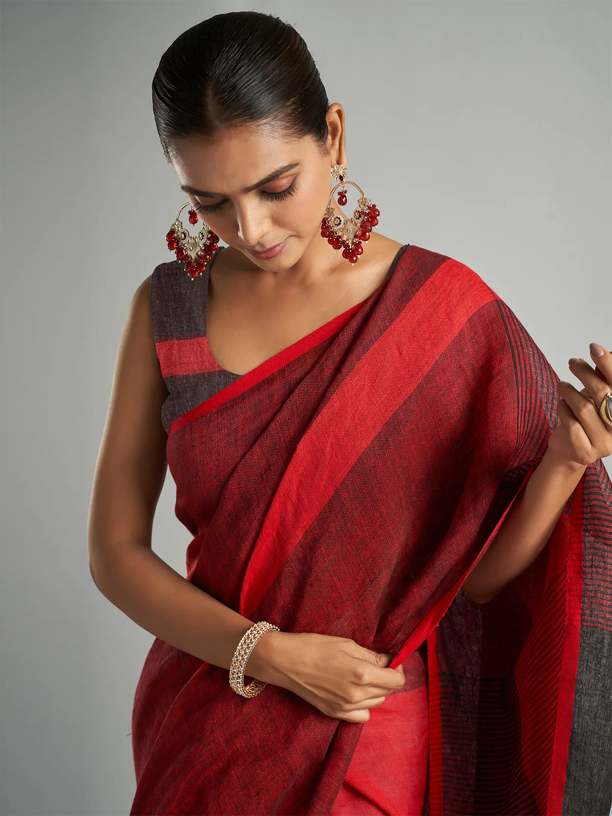 Red and black stripe saree