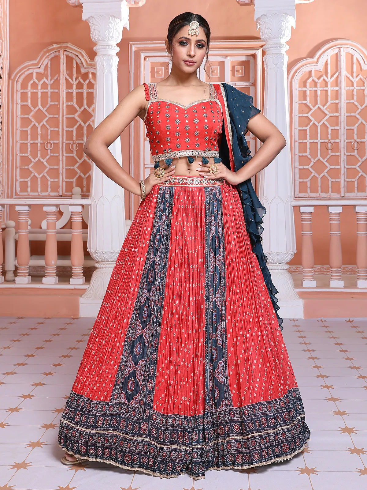 Red and blue printed lehenga choli