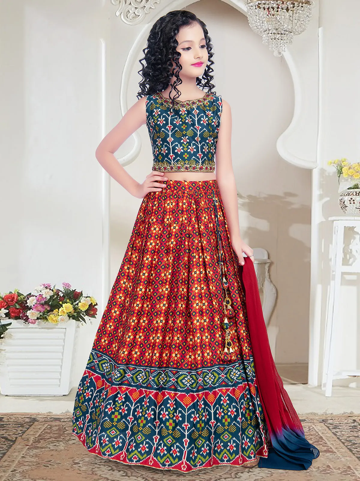 Red and blue printed silk lehenga choli for wedding