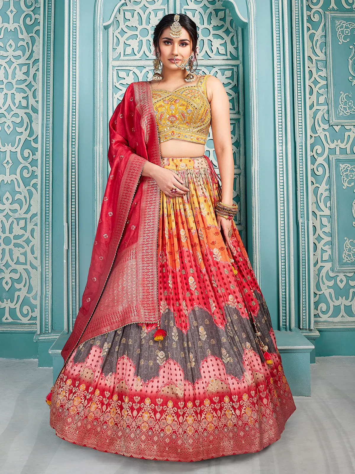 Red and mustard yellow printed lehenga choli