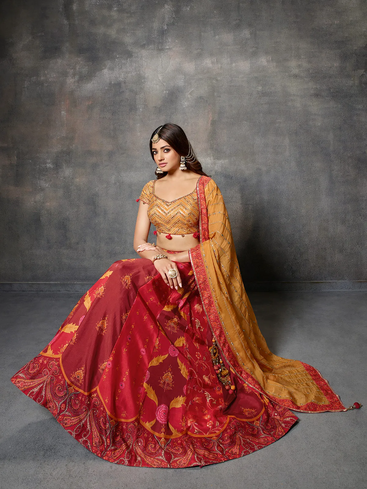 Red and yellow printed silk lehenga choli