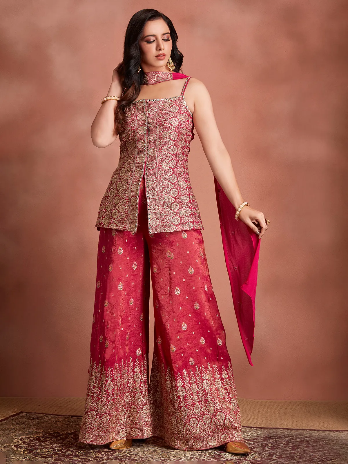 Pink banarasi silk palazzo suit with dupatta