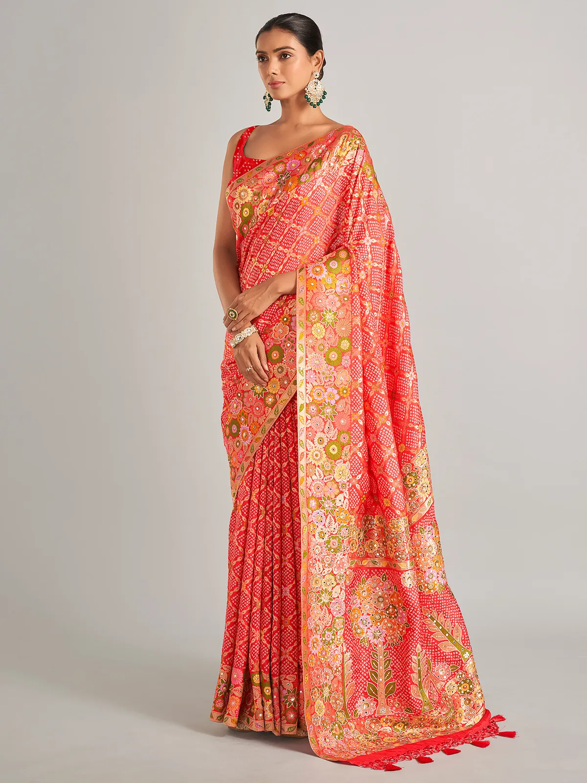 Red bandhej print silk saree