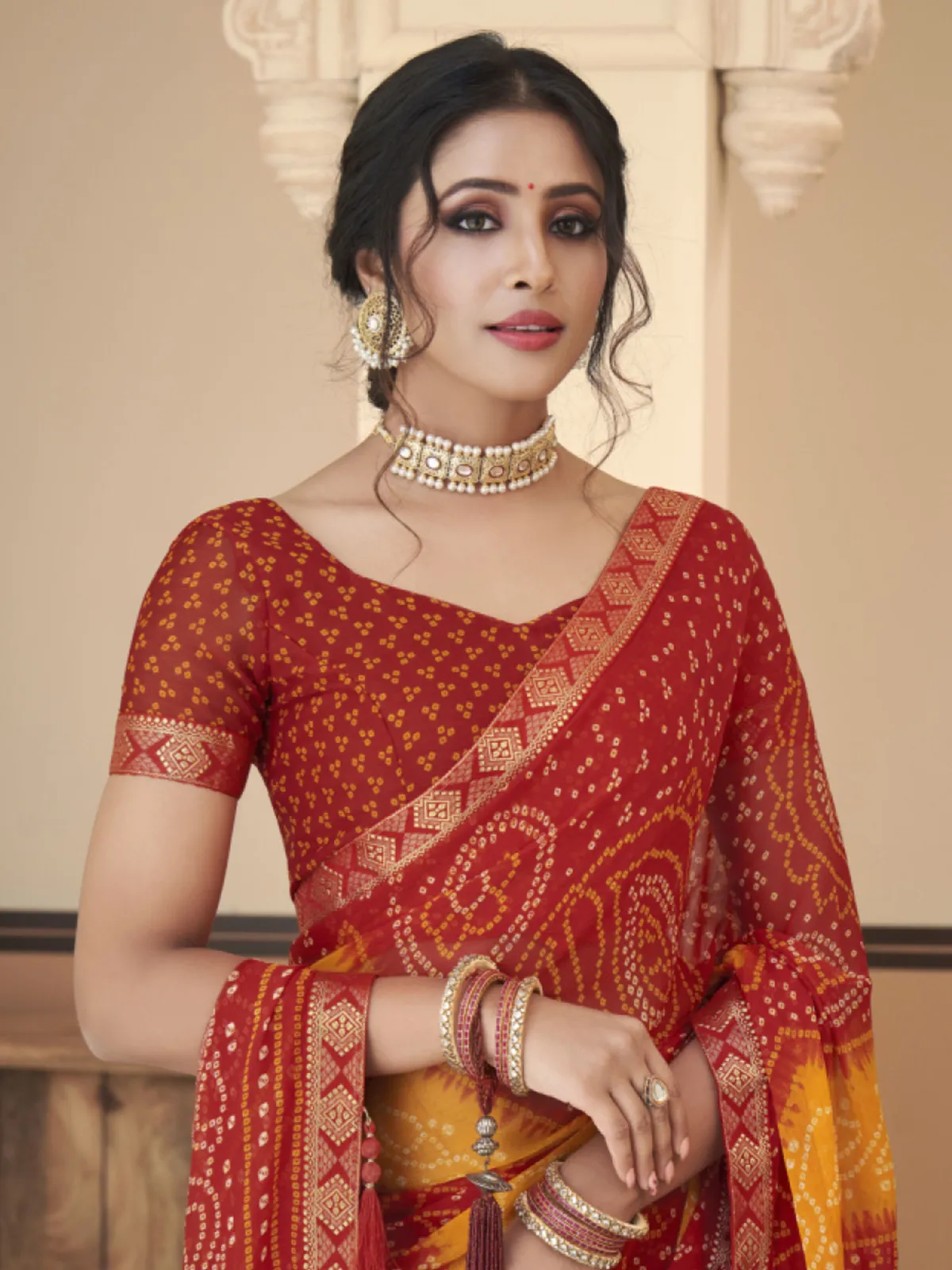 Red bandhej printed chiffon saree