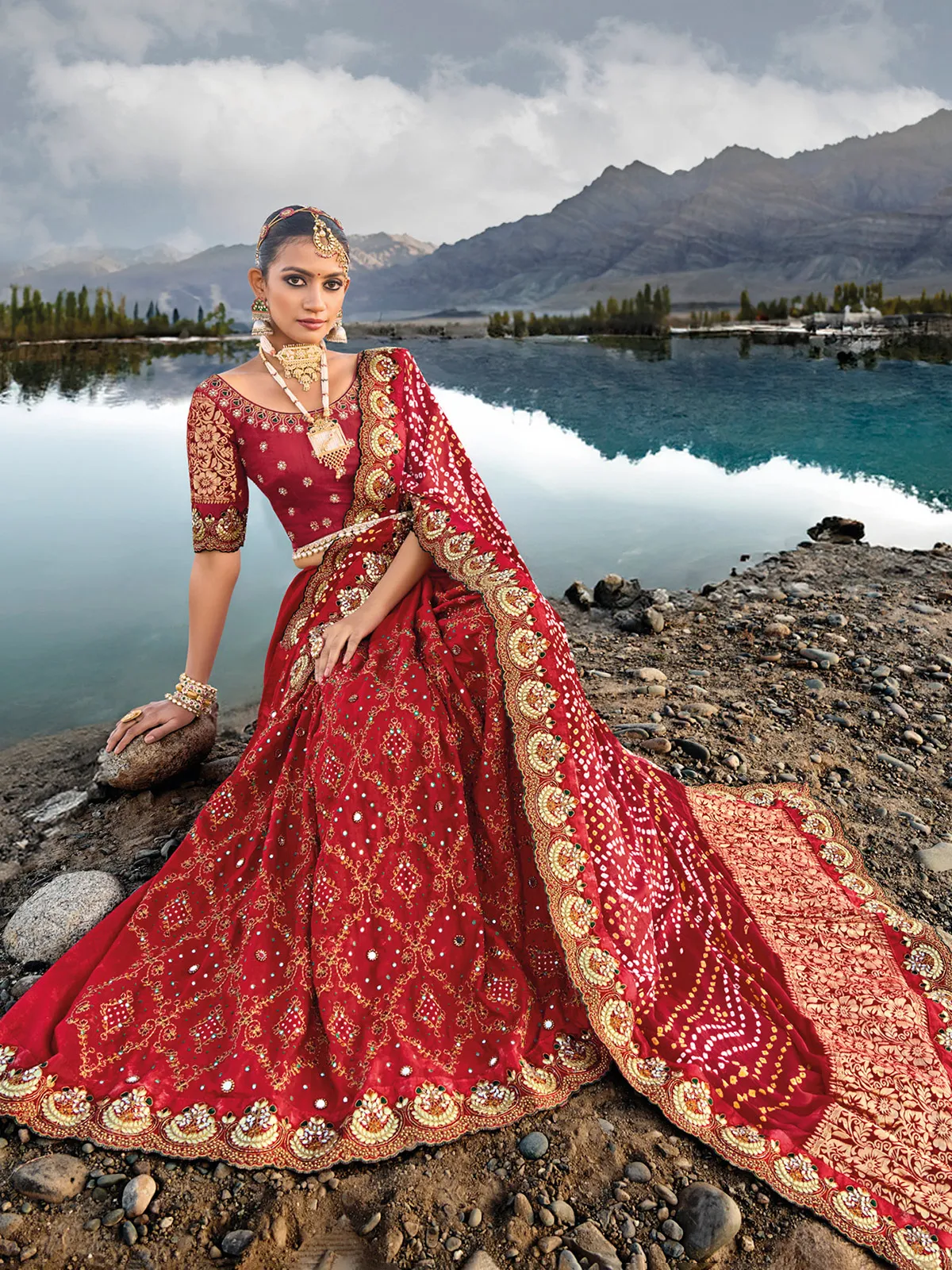 Red bandhej printed satin saree