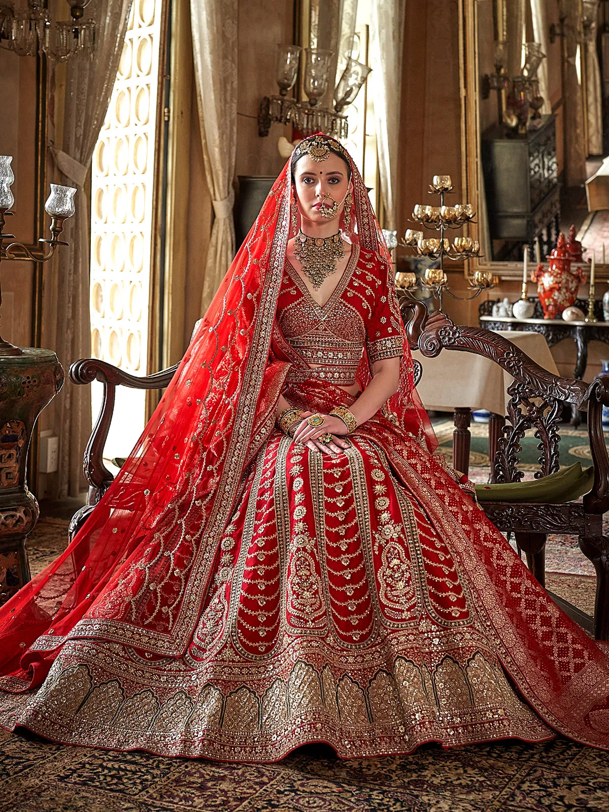 golden bridal dress with red dupatta GOLD TISSUE LEHENGA CHOLI SET With RED Dupatta 5XL / With Extra Dupatta / With Extra Veil main image 1