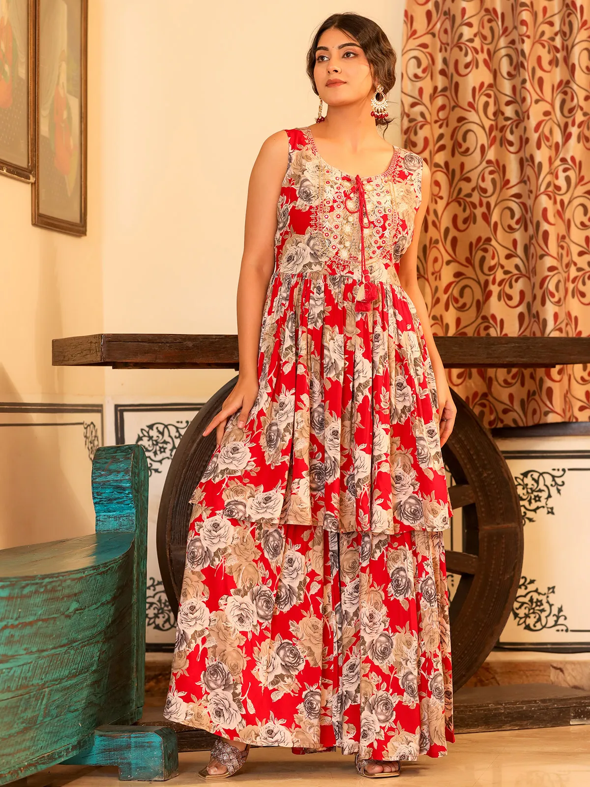 Red cotton floral printed sharara suit