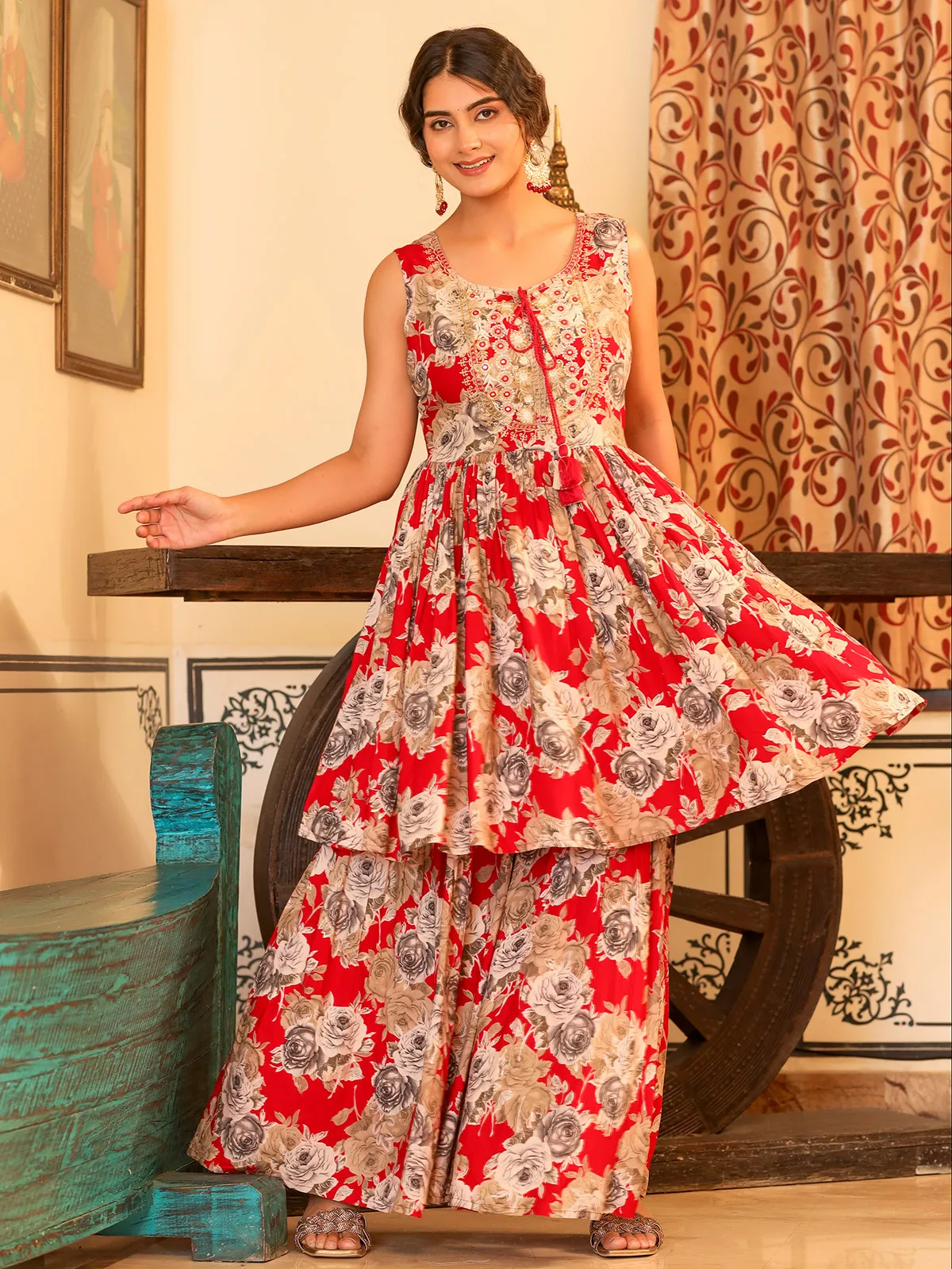 Red cotton floral printed sharara suit