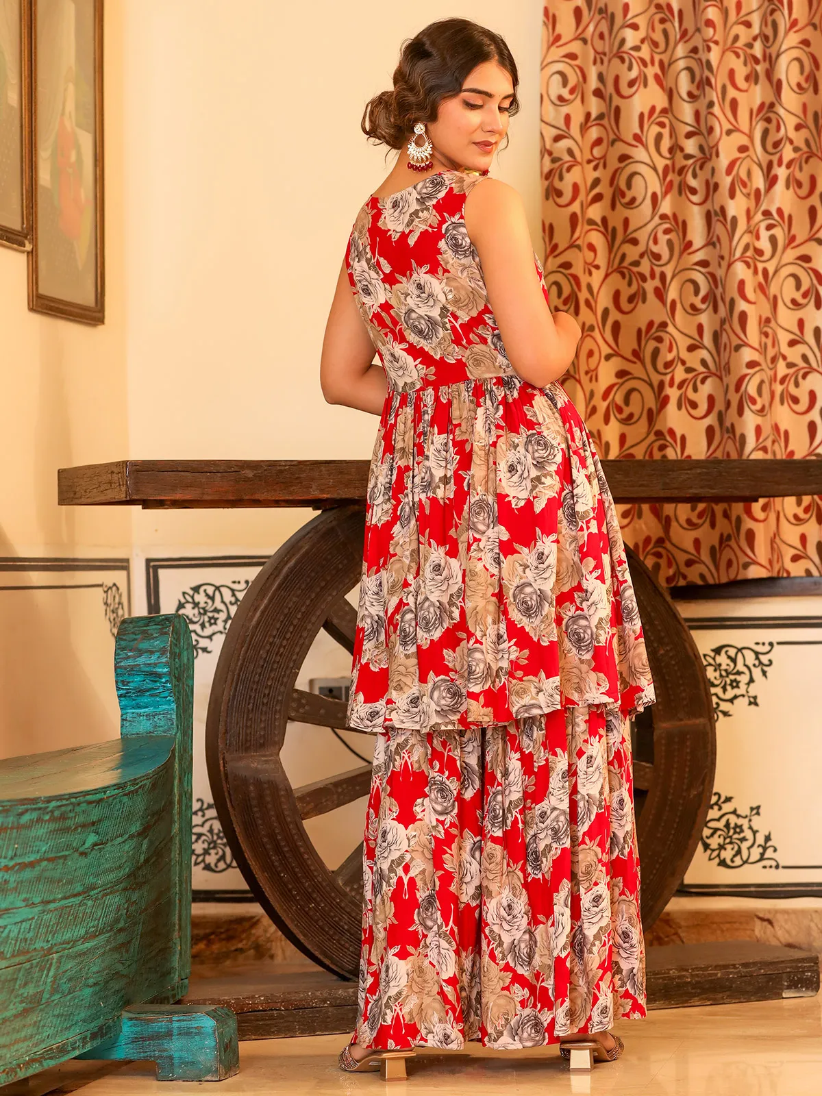 Red cotton floral printed sharara suit