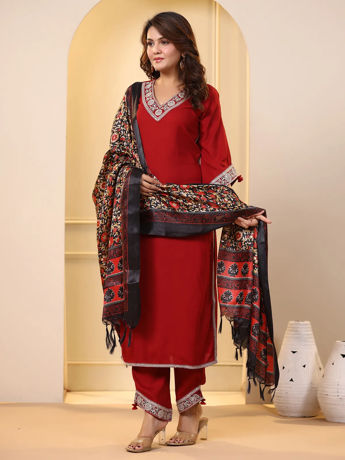 Red cotton kurti set with printed dupatta